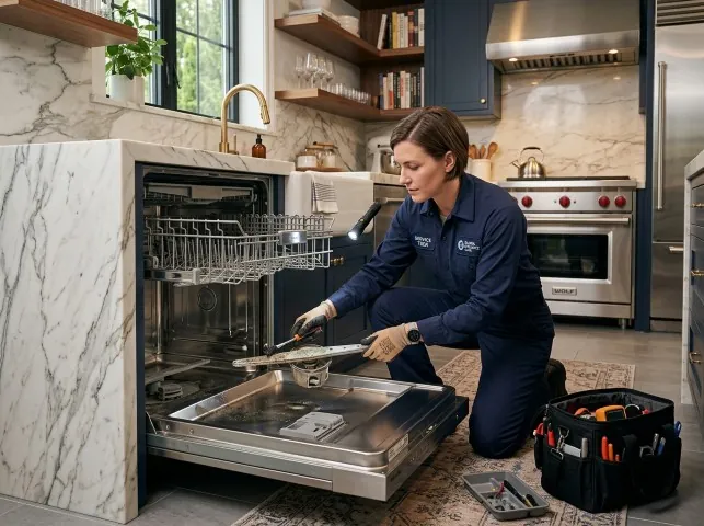 A technician pulling a built-in dishwasher out to reach the drain pump