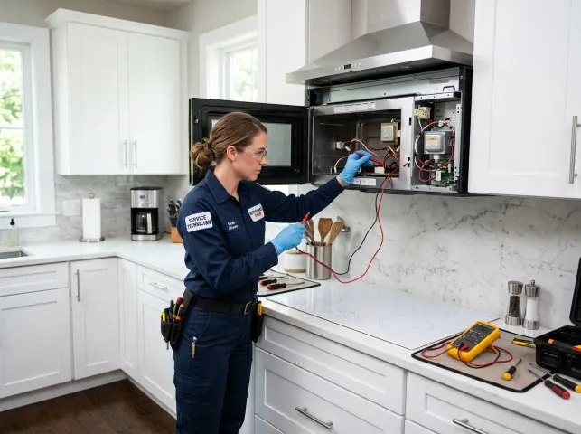 Appliance Repair Hero technician testing an over-the-range microwave in a Abell, MD kitchen